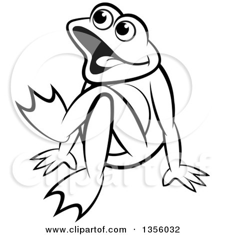 Clipart of a Cartoon Black and White Frog Sitting on the Ground - Royalty Free Vector Illustration by Lal Perera