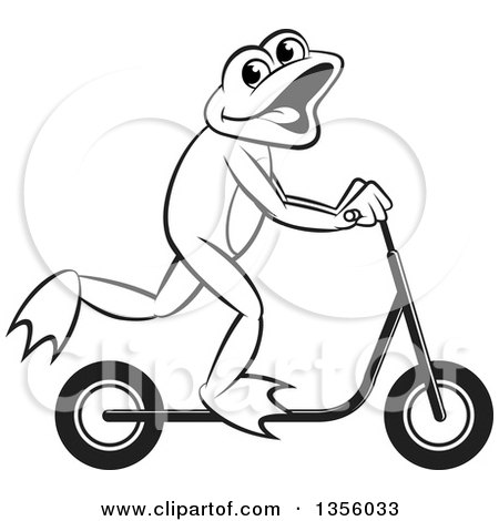 Clipart of a Cartoon Black and White Frog on a Toy Scooter - Royalty Free Vector Illustration by Lal Perera