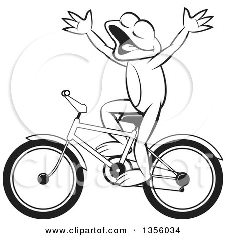 Clipart of a Cartoon Black and White Frog Riding a Bicycle Without Hands - Royalty Free Vector Illustration by Lal Perera