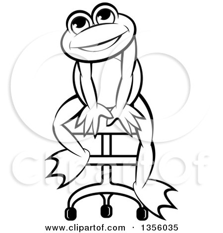 Clipart of a Cartoon Black and White Frog Sitting on a Chair - Royalty Free Vector Illustration by Lal Perera