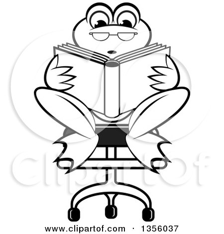 Clipart of a Cartoon Black and White Frog Sitting in a Chair and Reading a Book - Royalty Free Vector Illustration by Lal Perera