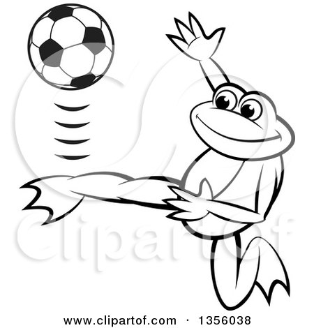 Clipart of a Cartoon Black and White Frog Kicking a Soccer Ball - Royalty Free Vector Illustration by Lal Perera