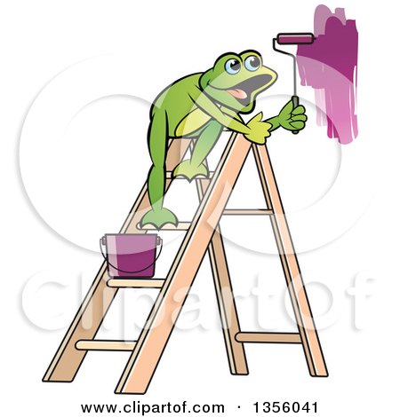 Clipart of a Cartoon Green Frog on a Ladder, Painting a Wall - Royalty Free Vector Illustration by Lal Perera