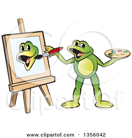 Clipart of a Cartoon Green Frog Artist Painting - Royalty Free Vector Illustration by Lal Perera
