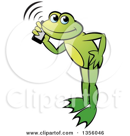 Clipart of a Cartoon Green Frog Talking on a Smart Phone - Royalty Free Vector Illustration by Lal Perera