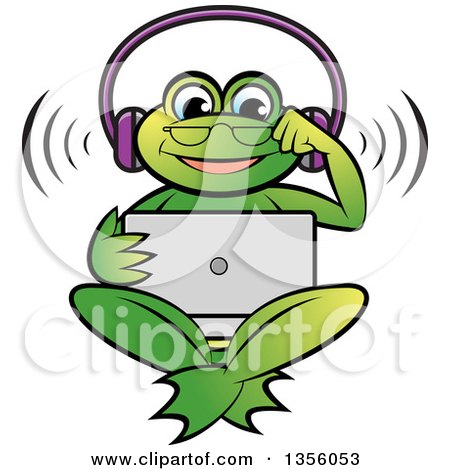 Clipart of a Cartoon Green Frog Wearing Headphones and Watching Something on a Laptop Computer - Royalty Free Vector Illustration by Lal Perera