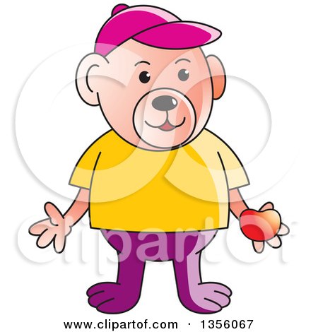 Clipart of a Cartoon Casual Teddy Bear Holding a Red Apple - Royalty Free Vector Illustration by Lal Perera