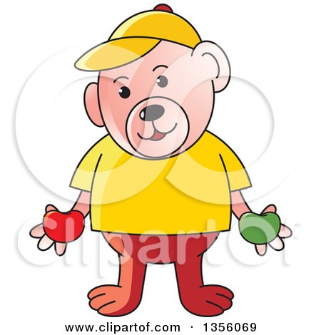 Clipart of a Cartoon Casual Teddy Bear Holding Red and Green Apples - Royalty Free Vector Illustration by Lal Perera