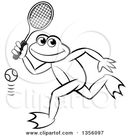 Clipart of a Cartoon Black and White Frog Playing Tennis - Royalty Free Vector Illustration by Lal Perera