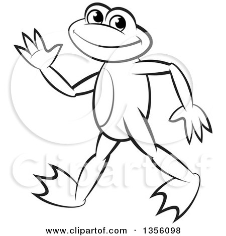 Clipart of a Cartoon Black and White Frog Walking and Waving - Royalty Free Vector Illustration by Lal Perera