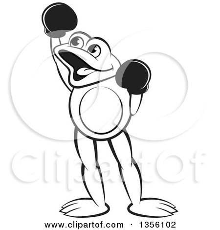 Clipart of a Cartoon Black and White Frog Boxer Cheering - Royalty Free Vector Illustration by Lal Perera