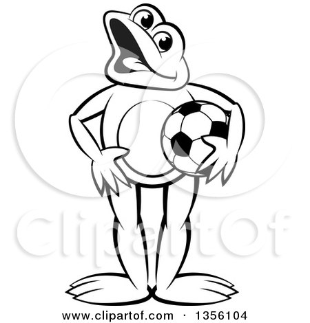Clipart of a Cartoon Black and White Frog Holding a Soccer Ball - Royalty Free Vector Illustration by Lal Perera