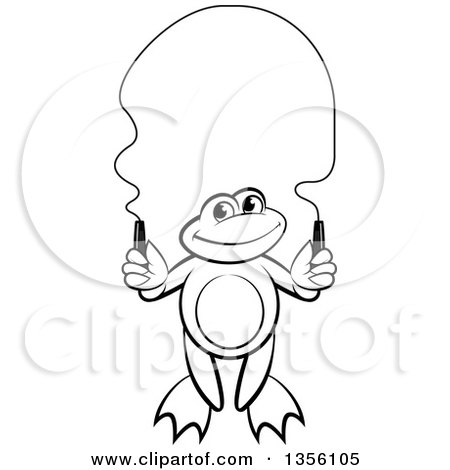 Clipart of a Cartoon Black and White Frog Skipping Rope - Royalty Free Vector Illustration by Lal Perera
