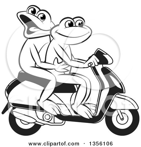 Clipart of Cartoon Black and White Frogs on a Scooter - Royalty Free Vector Illustration by Lal Perera