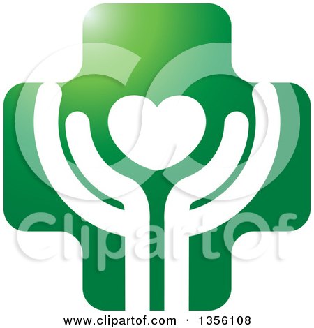 Clipart of a Green Cross and Hands Cupping Heart Icon - Royalty Free Vector Illustration by Lal Perera