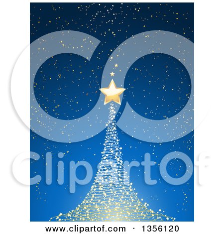 Clipart of a Magical Glowing Glowing Christmas Tree and Gold Star over Blue - Royalty Free Vector Illustration by elaineitalia