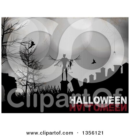 Clipart of a Halloween Background of a Silhouetted Devil in a Cemetery with Vampire Bats, a Spider, and Bare Trees over Grungy Metal with Text - Royalty Free Vector Illustration by elaineitalia