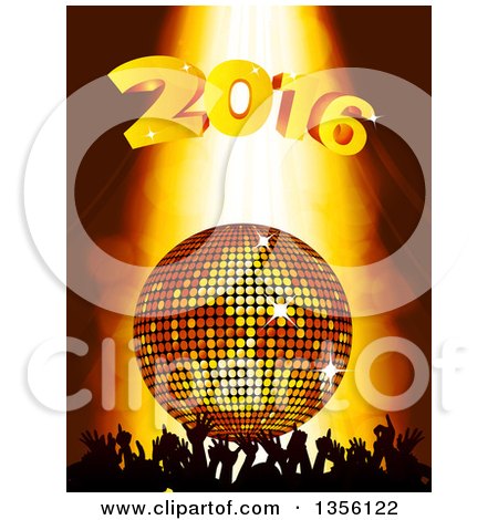 Clipart of a Silhouetted Crowd of Hands Under a 3d Gold Disco Ball and New Year 2016 with Light Shining down - Royalty Free Vector Illustration by elaineitalia