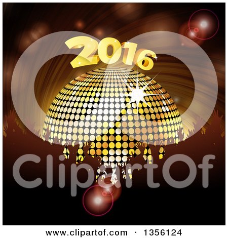 Clipart of a Silhouetted Crowd of Hands over a 3d Gold Disco Ball and New Year 2016 over a Spiral - Royalty Free Vector Illustration by elaineitalia