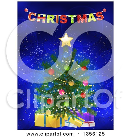 Clipart of a 3d Christmas Tree with Gifts Under a Colorful Banner on Blue with Flares - Royalty Free Vector Illustration by elaineitalia