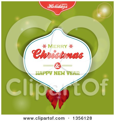 Clipart of a Merry Christmas and Happy New Year Greeting on a Paper Bauble over Green - Royalty Free Vector Illustration by elaineitalia