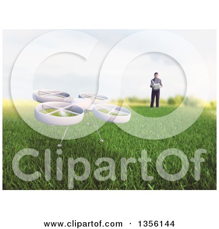 Clipart of a 3d Man Flying a RC Quadcopter Drone in a Meadow - Royalty Free Illustration by Mopic