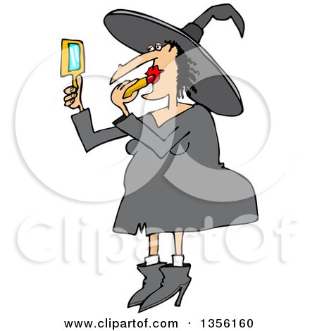 Clipart of a Cartoon Chubby Halloween Witch Applying Lipstick - Royalty Free Vector Illustration by djart