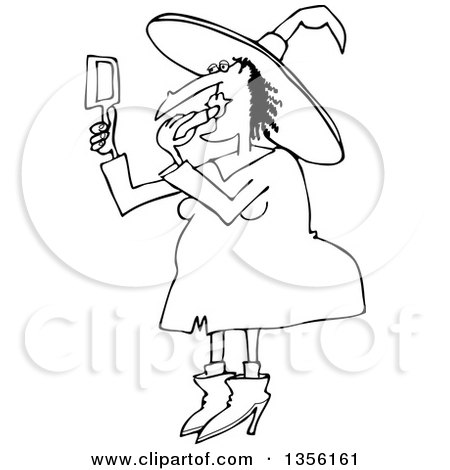 Lineart Clipart of a Cartoon Black and White Chubby Halloween Witch Applying Lipstick - Royalty Free Outline Vector Illustration by djart