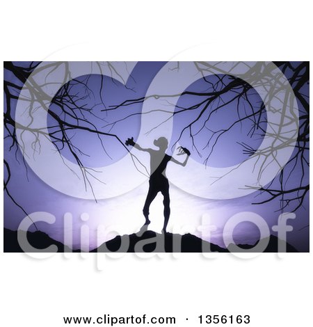 Clipart of a 3d Silhouetted Demon at Night, Against a Purple Sky and Bare Branches - Royalty Free Illustration by KJ Pargeter