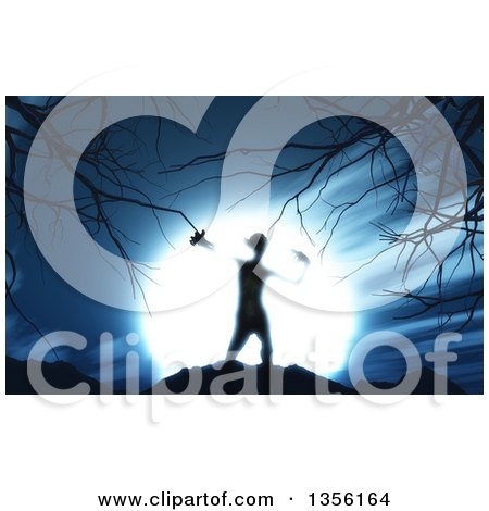 Clipart of a 3d Blurred Silhouetted Demon at Night, Against a Full Moon with Bare Branches - Royalty Free Illustration by KJ Pargeter