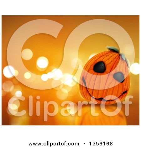 Clipart of a 3d Halloween Jackolantern Pumpkin over a Reflective Orange Bokeh Flare Background - Royalty Free Illustration by KJ Pargeter