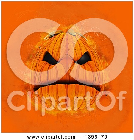 Clipart of a Grunge Painted Mad Halloween Jackolantern Pumpkin on Orange - Royalty Free Illustration by KJ Pargeter