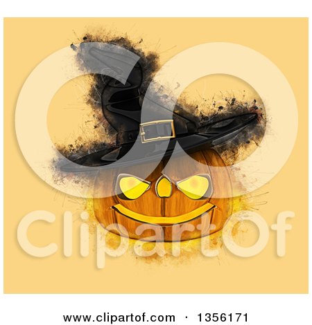 Clipart of a Grunge Painted Halloween Jackolantern Pumpkin Wearing a Witch Hat on Orange - Royalty Free Illustration by KJ Pargeter