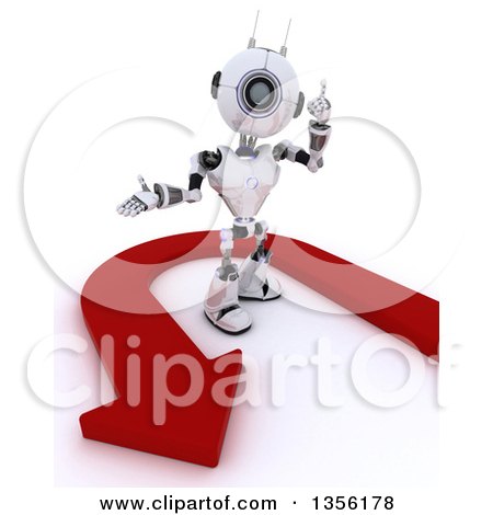 Clipart of a 3d Futuristic Robot Holding up a Finger and Standing in an Arrow, on a Shaded White Background - Royalty Free Illustration by KJ Pargeter