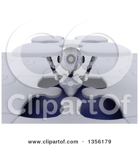 Clipart of a 3d Futuristic Robot Popping out of a Giant Jigsaw Puzzle and Holding the Final Piece, on a Shaded White Background - Royalty Free Illustration by KJ Pargeter