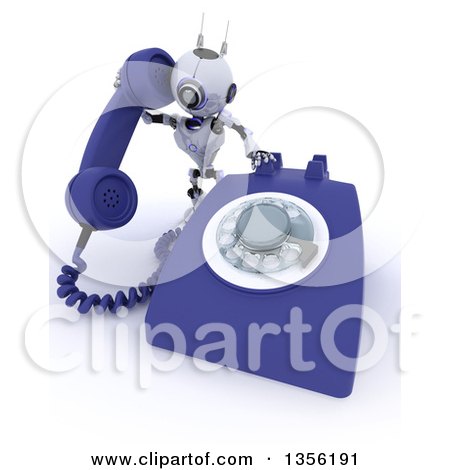 Clipart of a 3d Futuristic Robot Using a Giant Landline Telephone, on a Shaded White Background - Royalty Free Illustration by KJ Pargeter