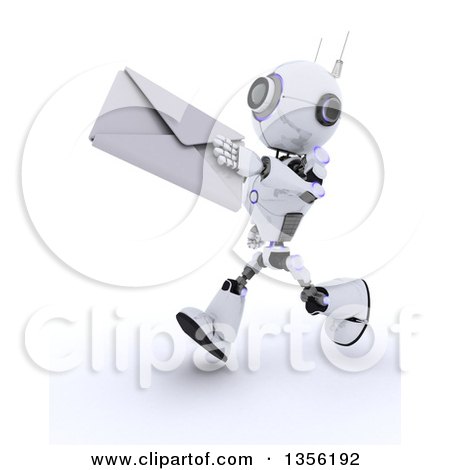 Clipart of a 3d Futuristic Robot Running and Holding out an Envelope, on a Shaded White Background - Royalty Free Illustration by KJ Pargeter