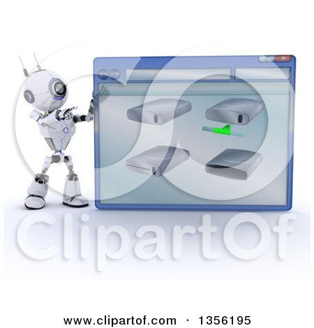 Clipart of a 3d Futuristic Robot Pointing to a Giant Computer Window with Drives, on a Shaded White Background - Royalty Free Illustration by KJ Pargeter