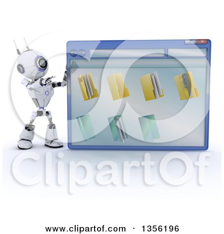 Clipart of a 3d Futuristic Robot Pointing to a Giant Computer Window with Folders, on a Shaded White Background - Royalty Free Illustration by KJ Pargeter