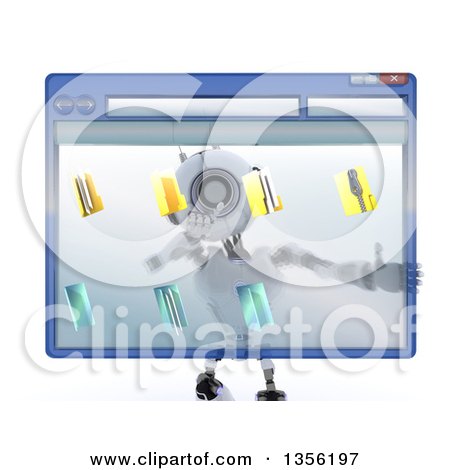 Clipart of a 3d Futuristic Robot Touching a Giant Computer Window with Folders, on a Shaded White Background - Royalty Free Illustration by KJ Pargeter