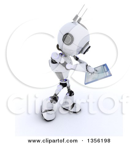 Clipart of a 3d Futuristic Robot Holding a Touchscreen Computer Window, on a Shaded White Background - Royalty Free Illustration by KJ Pargeter