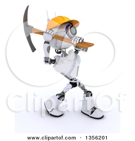 Clipart of a 3d Futuristic Robot Construction Worker Contractor Using a Pickaxe, on a Shaded White Background - Royalty Free Illustration by KJ Pargeter