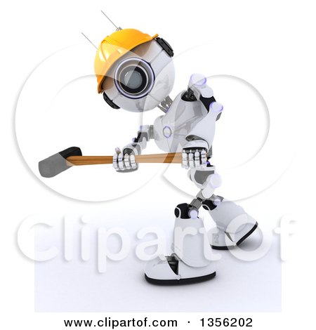 Clipart of a 3d Futuristic Robot Construction Worker Contractor Swinging a Sledgehammer, on a Shaded White Background - Royalty Free Illustration by KJ Pargeter
