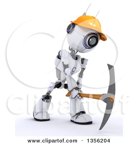 Clipart of a 3d Futuristic Robot Construction Worker Contractor Using a Pickaxe, on a Shaded White Background - Royalty Free Illustration by KJ Pargeter