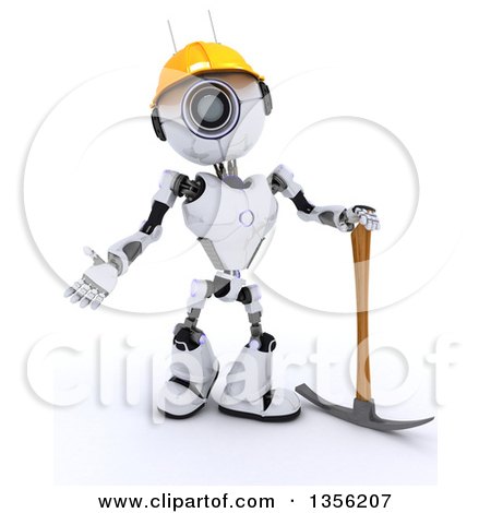 Clipart of a 3d Futuristic Robot Construction Worker Contractor Standing with a Pickaxe, on a Shaded White Background - Royalty Free Illustration by KJ Pargeter
