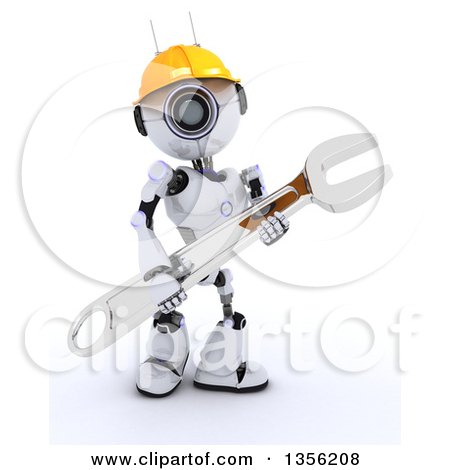 Clipart of a 3d Futuristic Robot Construction Worker Contractor Holding a Wrench, on a Shaded White Background - Royalty Free Illustration by KJ Pargeter