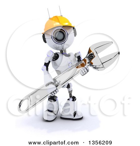 Clipart of a 3d Futuristic Robot Construction Worker Contractor Carrying an Adjustable Wrench, on a Shaded White Background - Royalty Free Illustration by KJ Pargeter