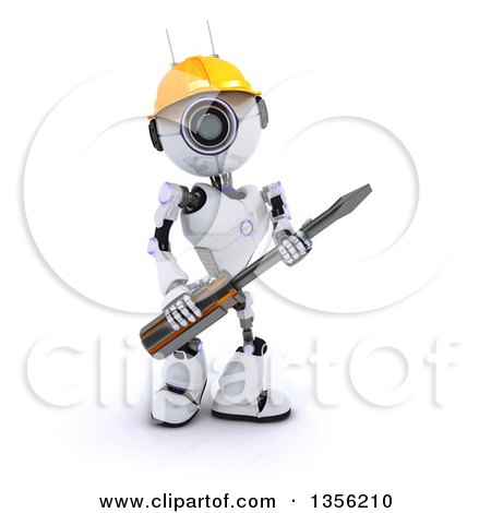Clipart of a 3d Futuristic Robot Construction Worker Contractor Holding a Screwdriver, on a Shaded White Background - Royalty Free Illustration by KJ Pargeter