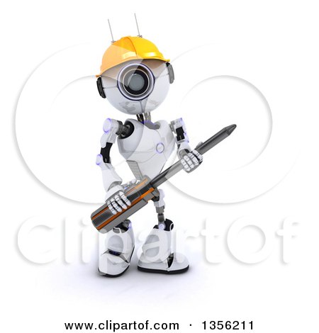 Clipart of a 3d Futuristic Robot Construction Worker Contractor Holding a Phillips Screwdriver, on a Shaded White Background - Royalty Free Illustration by KJ Pargeter