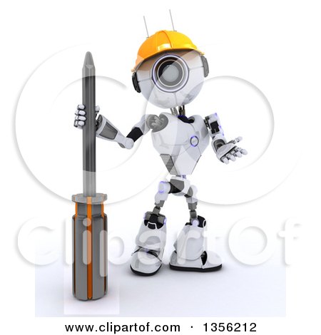 Clipart of a 3d Futuristic Robot Construction Worker Contractor with a Phillips Screwdriver, on a Shaded White Background - Royalty Free Illustration by KJ Pargeter